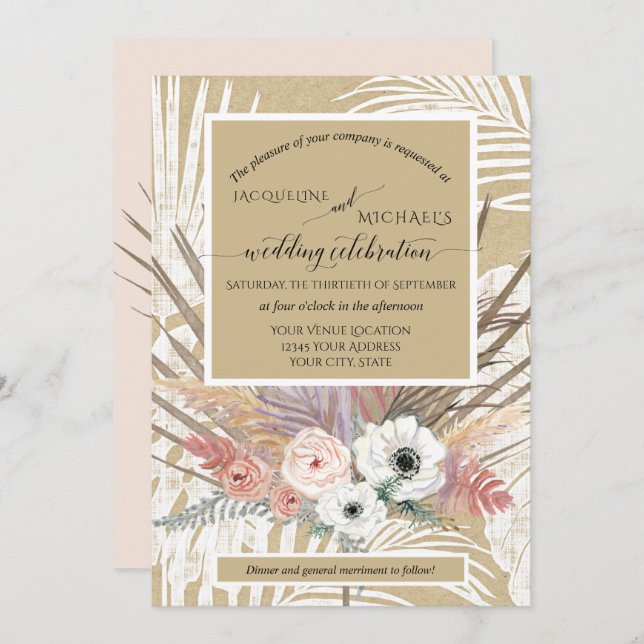 BOHO White Floral Rustic Pampas Grass Tropical Invitation (Front/Back)