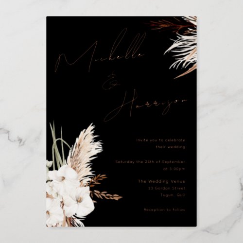 Boho White Floral Script Black Wedding Rose Gold Foil Invitation