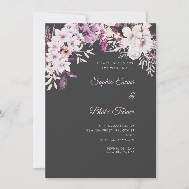 Boho White Floral Winter Shadow Gray Wedding Invitation (Front)