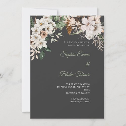 Boho White Floral Winter Shadow Gray Wedding Invitation