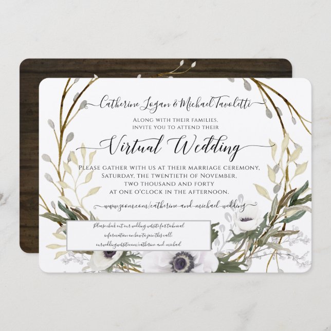 BOHO White Floral Wreath Rustic Virtual Wedding Invitation (Front/Back)