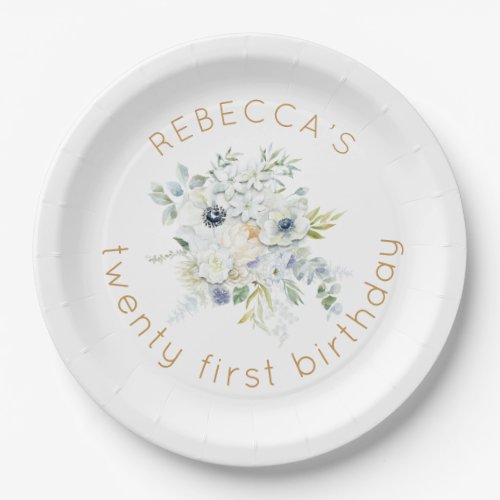 Boho White Florals Name 21st birthday Paper Plates