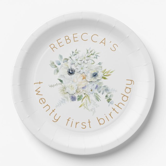 Boho White Florals Name 21st birthday Paper Plates (Front)