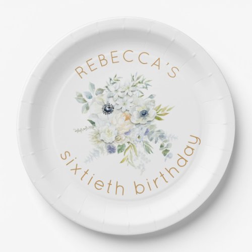 Boho White Florals Name 60th birthday Paper Plates