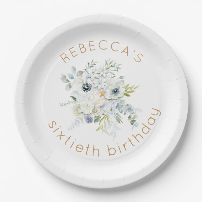 Boho White Florals Name 60th birthday Paper Plates (Front)