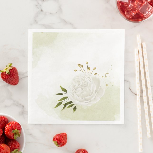 Boho white flowers green leaves botanical paper dinner napkins (Insitu)