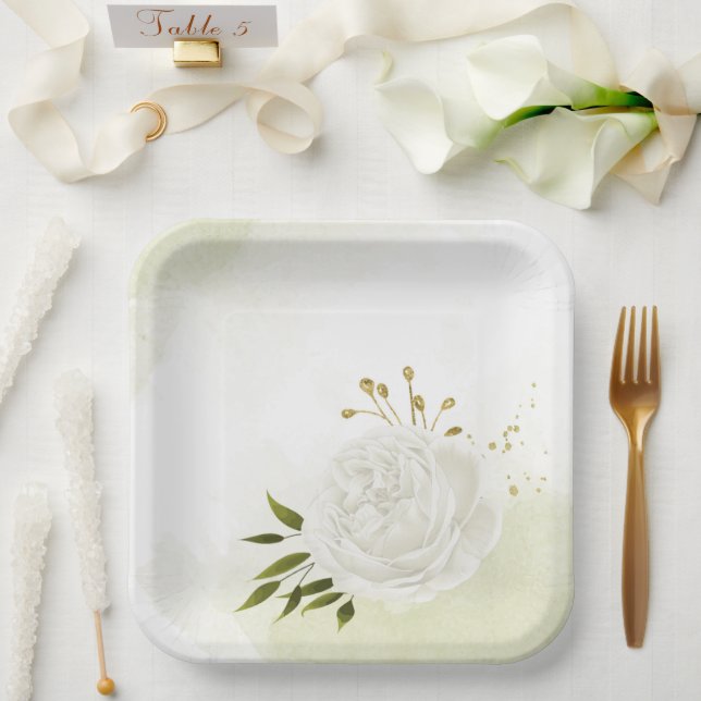 Boho white flowers green leaves botanical paper plates (Wedding)