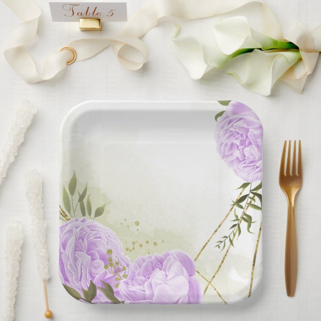 Boho white flowers green leaves botanical paper plates (Wedding)