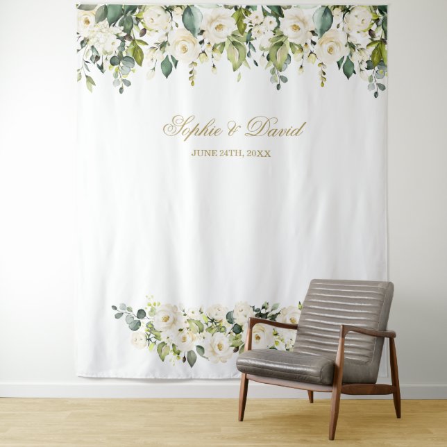 Boho White Flowers Wedding Photo Booth Backdrop (In Situ)