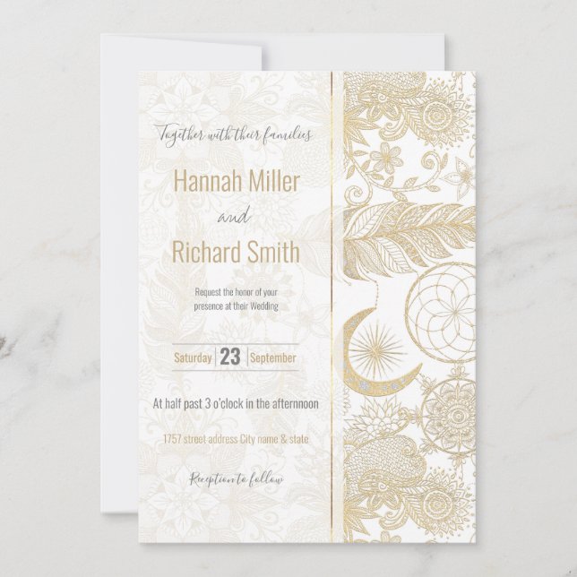Boho White Gold Floral Feathers Dreamcatcher Invitation (Front)