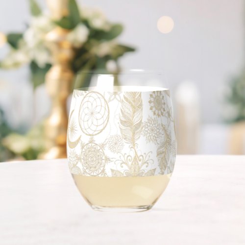 Boho White Gold Floral Feathers Dreamcatcher  Stemless Wine Glass