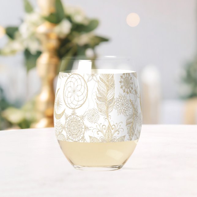 Boho White Gold Floral Feathers Dreamcatcher  Stemless Wine Glass (Insitu (Wedding))