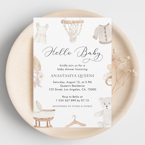 Boho White Hello Baby Clothes Nursery Baby Shower Invitation