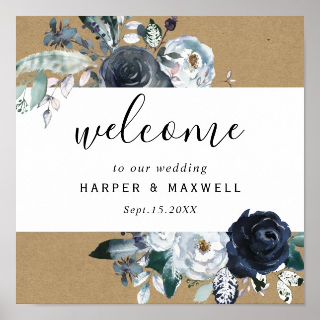 Boho White Navy Peony Brown Kraft Wedding Welcome Poster (Front)