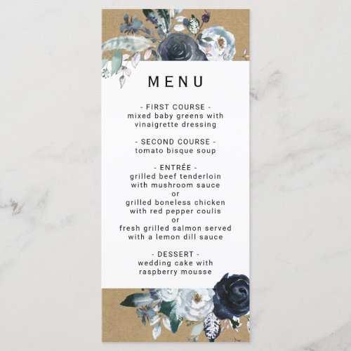 Boho White Navy Peony Faux Brown Kraft Wedding Menu