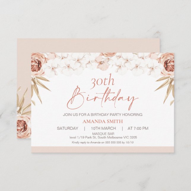 Boho White Orchards Palm Leaf 30th Birthday Invitation (Front/Back)
