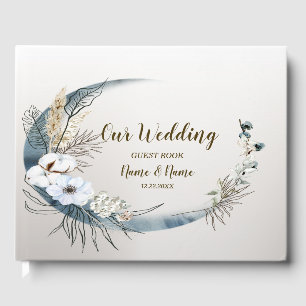 Boho White Orchid Flowers Blue Moon Elegant Party Guest Book