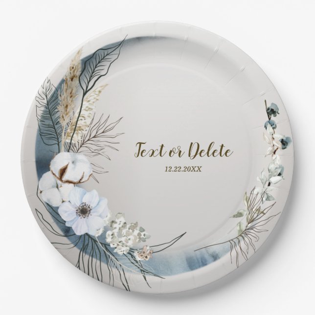 Boho White Orchid Flowers Blue Moon Elegant Party Paper Plates (Front)