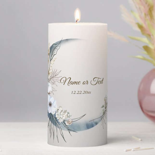 Boho White Orchid Flowers Blue Moon Elegant Party Pillar Candle (In Situ)