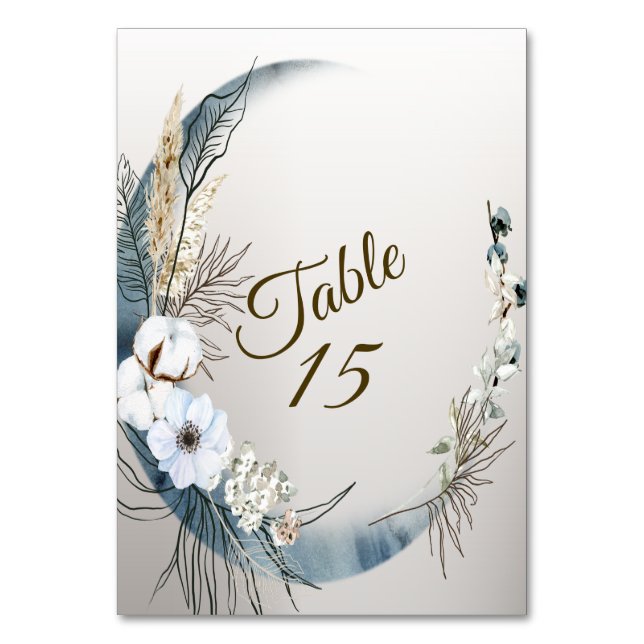 Boho White Orchid Flowers Blue Moon Elegant Party Table Number (Front)
