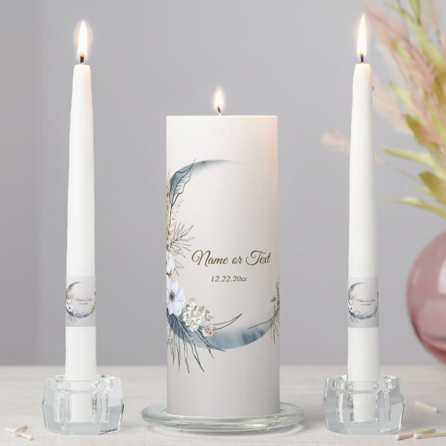 Boho White Orchid Flowers Blue Moon Elegant Party Unity Candle Set (In Situ)