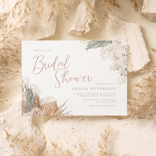 Boho White Orchid  Pampas Grass Bridal Shower Invitation