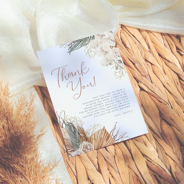 Boho White Orchid & Pampas Grass Bridal Shower Thank You Card (Creator Uploaded)