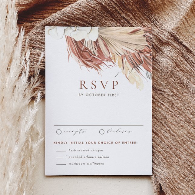Boho White Orchids and Dried Palm Leaves Wedding RSVP Card (This RSVP card features watercolor florals including pampas grass, dried palm leaves, and orchids.)