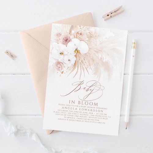 Boho White Orchids Bloom Pampas Grass Baby Shower Invitation