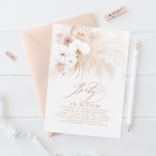 Boho White Orchids Bloom Pampas Grass Baby Shower Invitation (Creator Uploaded)