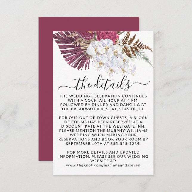 Boho White Orchids Blush Burgundy Floral Wedding E Enclosure Card (Front/Back)