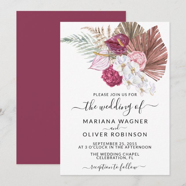 Boho White Orchids Blush Burgundy Floral Wedding Invitation (Front/Back)