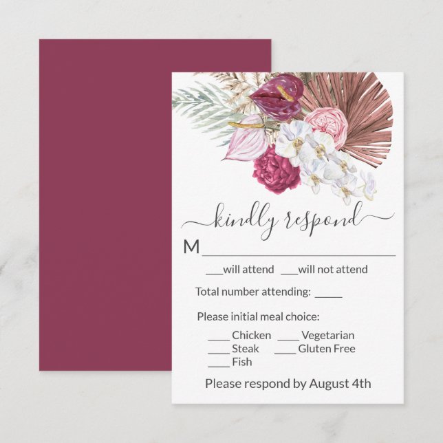 Boho White Orchids Blush Burgundy Floral Wedding RSVP Card (Front/Back)