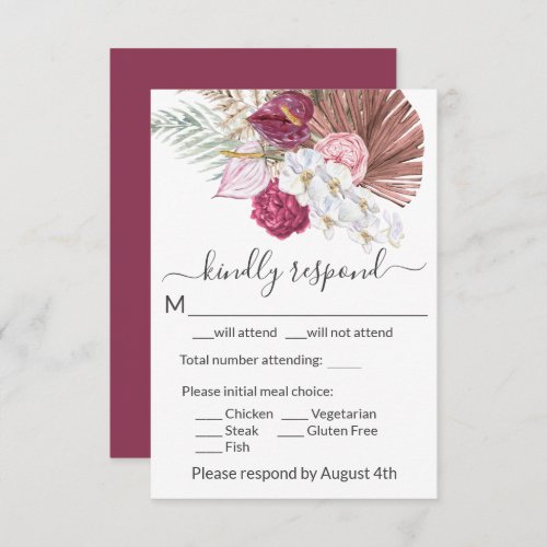 Boho White Orchids Blush Burgundy Floral Wedding RSVP Card
