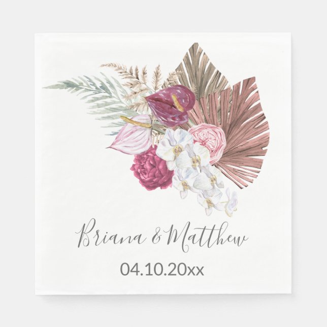 Boho White Orchids Burgundy Floral Wedding Napkins (Front)