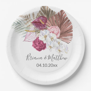 Boho White Orchids Burgundy Floral Wedding Paper Plates