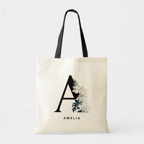 Boho White Orchids Letter A Monogram Bridesmaid Tote Bag - Add a boho and tropical accent to your space with this tropical monogram tote bag. It features watercolor white flowers, white coral and tropical leaves. This letter A monogram tote bag will be perfect as a gift.  