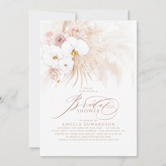 Boho White Orchids Pampas Grass Bridal Shower Invitation (Front)