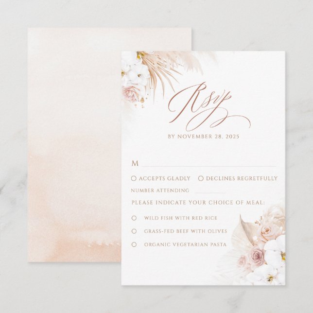 Boho White Orchids Pampas Grass Wedding RSVP Card (Front/Back)