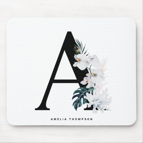 Boho White Orchids Tropical Letter A Monogram Mouse Pad - Add a boho and tropical accent to your space with this tropical monogram mousepad. It features watercolor white flowers, white coral and tropical leaves. This letter A monogram mousepad will be perfect as a gift.  