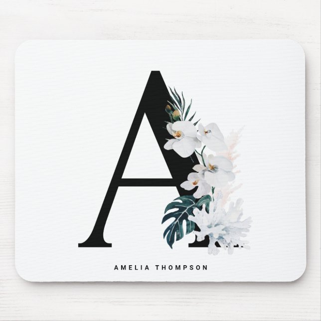 Boho White Orchids Tropical Letter A Monogram Mouse Pad (Front)