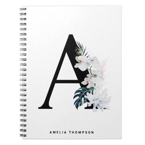 Boho White Orchids Tropical Letter A Monogram Notebook