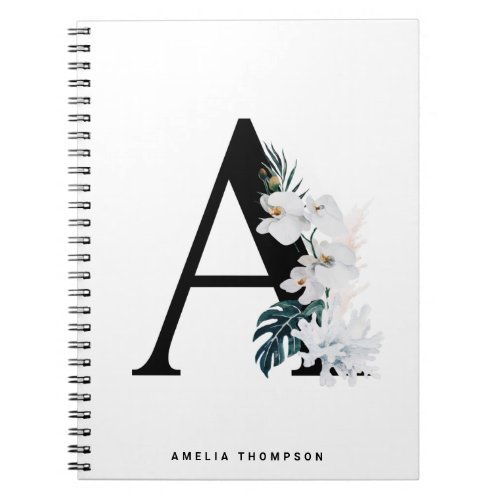 Boho White Orchids Tropical Letter A Monogram Notebook - Add a boho and tropical accent to your space with this tropical monogram notebook. It features watercolor white flowers, white coral and tropical leaves. This letter A monogram notebook will be perfect as a gift.  