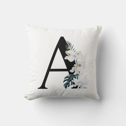 Boho White Orchids Tropical Letter A Monogram Throw Pillow
