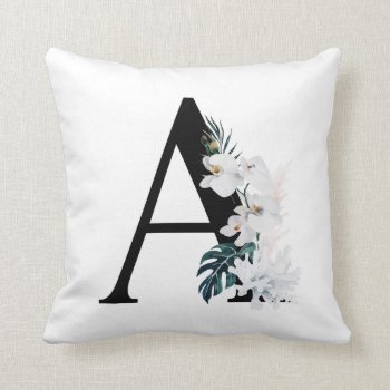 Boho White Orchids Tropical Letter A Monogram Throw Pillow by KeikoPrints at Zazzle