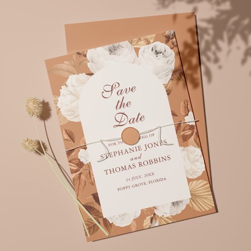 Boho White Peonies Terracotta Save the Date Card