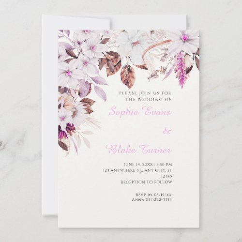 Boho White  Pink Floral Autumn Off White Wedding Invitation