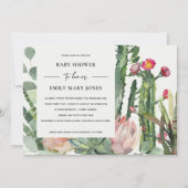 BOHO WHITE PINK FLORAL CACTUS FOLIAGE BABY SHOWER INVITATION (Front)