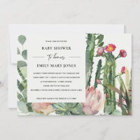 BOHO WHITE PINK FLORAL CACTUS FOLIAGE BABY SHOWER INVITATION