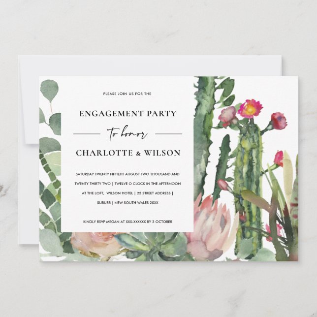 BOHO WHITE PINK FLORAL CACTUS FOLIAGE ENGAGEMENT INVITATION (Front)